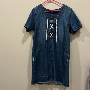 Denim Lace-Up V-Neck Short Sleeve Dress - Blue